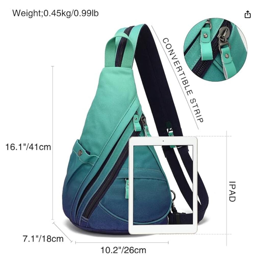 Canvas Sling Bag Small Crossbody Backpack, Shoulder Daypack, Rucksack-Blue Green - Picture 5 of 6